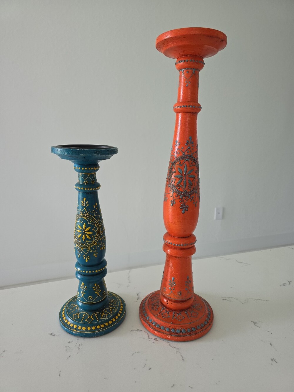 Painted Wood Candlesticks Handcrafted in India. Set of 2